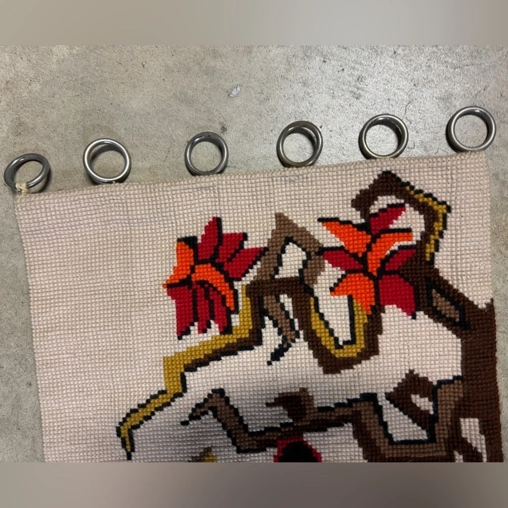 Vintage MCM Handmade Needlepoint Crewel Tapestry African Wall Hanging Art Decor